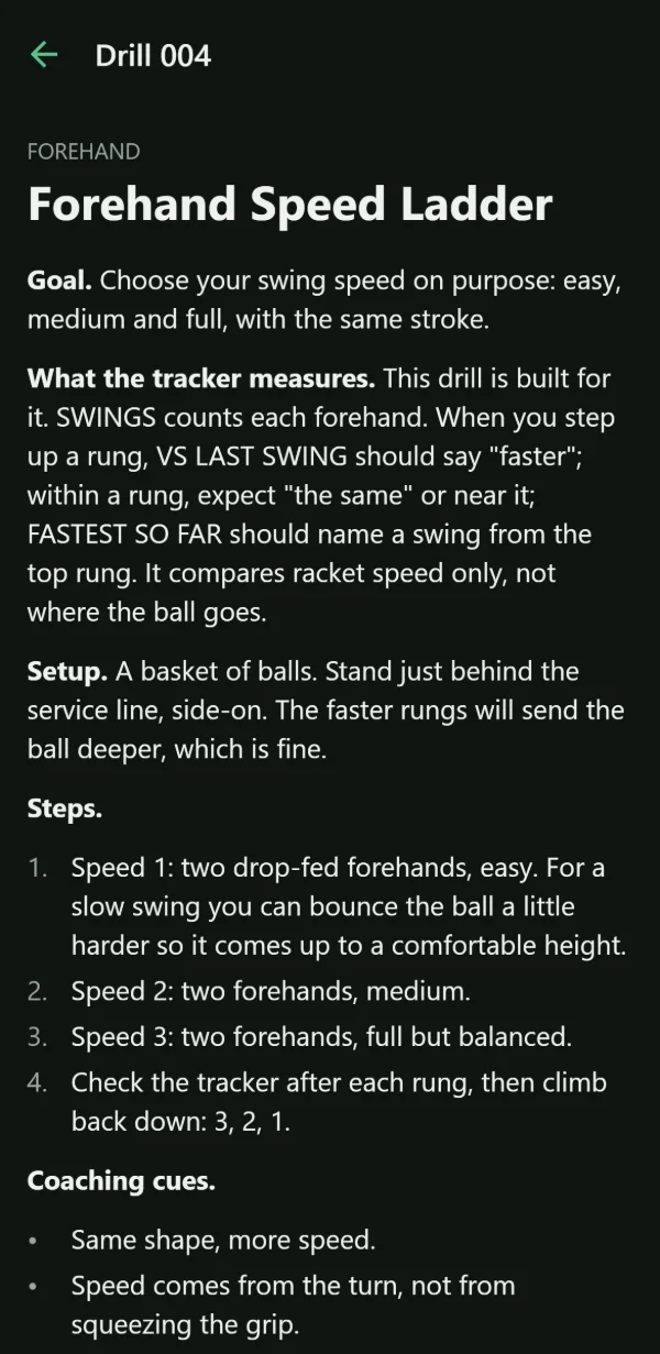 The Forehand Speed Ladder drill in the app: its goal, what the tracker shows during it, the setup, and the steps.