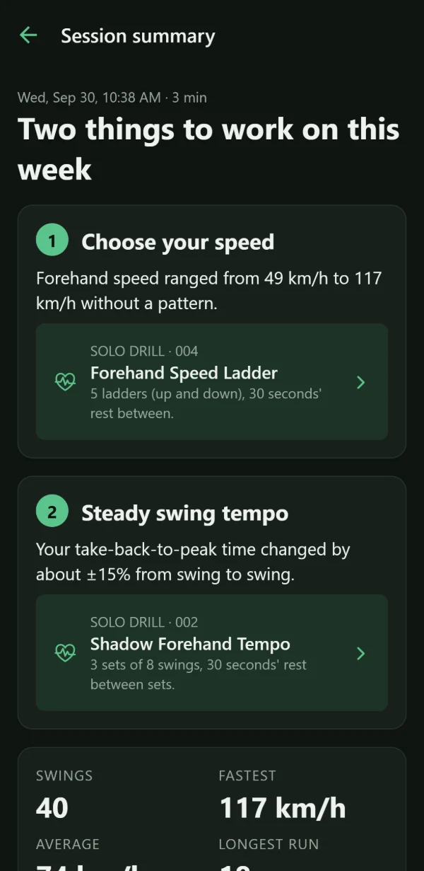 The app’s session summary, headed “Two things to work on this week”. First: Choose your speed, with the solo drill Forehand Speed Ladder. Second: Steady swing tempo, with the solo drill Shadow Forehand Tempo.